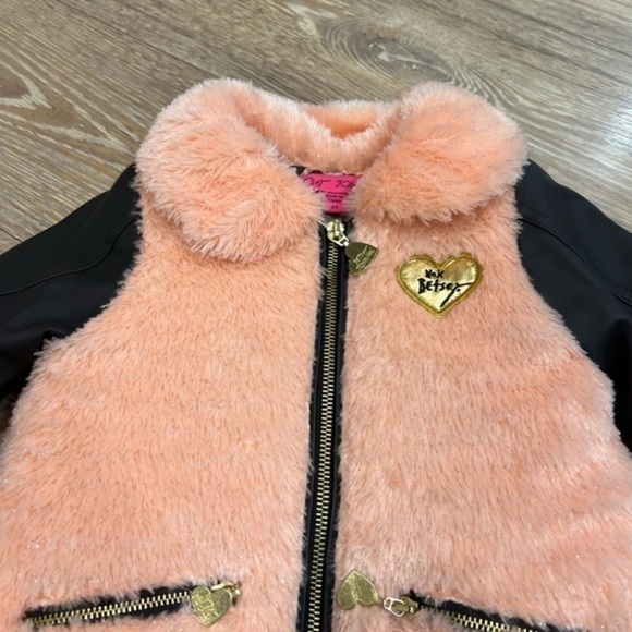 Betsey Johnson Fuzzy Sparkly Peach Coat with Faux Leather Sleeves - Picture 6 of 15